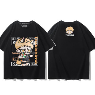 Haikyuu!! เสื้อยืดอะนิเมะ Kei Tsukishima พิมพ์ตัวอักษรแขนสั้นผู้ชายและผู้หญิงเสื้อยืดผ้าฝ้ายแท้ร้อนอะนิเมะแขนสั้น