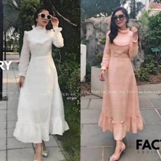 CS4113 แม็กซี่เดรสลูกไม้คอระบาย ruffle neck lace maxi dress