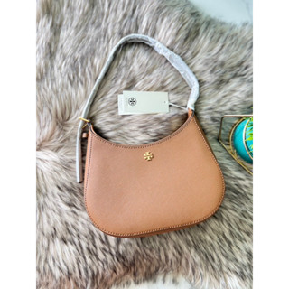 (ผ่อน0%) กระเป๋าสะพายไหล่ หนังแท้ สีน้ำตาล 9นิ้ว Tory Burch Emerson Zip Small Saffiano Leather Shoulder Bag 137416