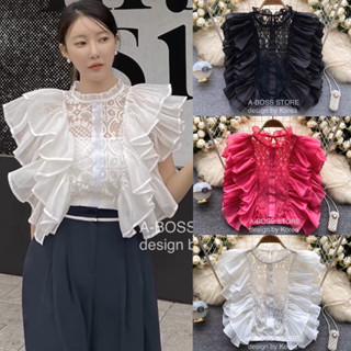 🎀พร้อมส่ง🎀เสื้อคอลมแขนริ้วอัดพลีท เสื้อแต่งลูกไม้ออกงานซีทรู