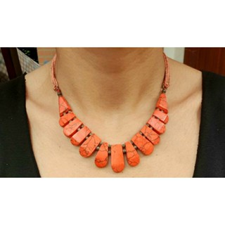 สร้อยคอ หินปะการัง สีแดง แฮนเมด Red Coral Beads Tassels Necklace Handmade Vintage Ethnic Tribal Gemstone Jewelry