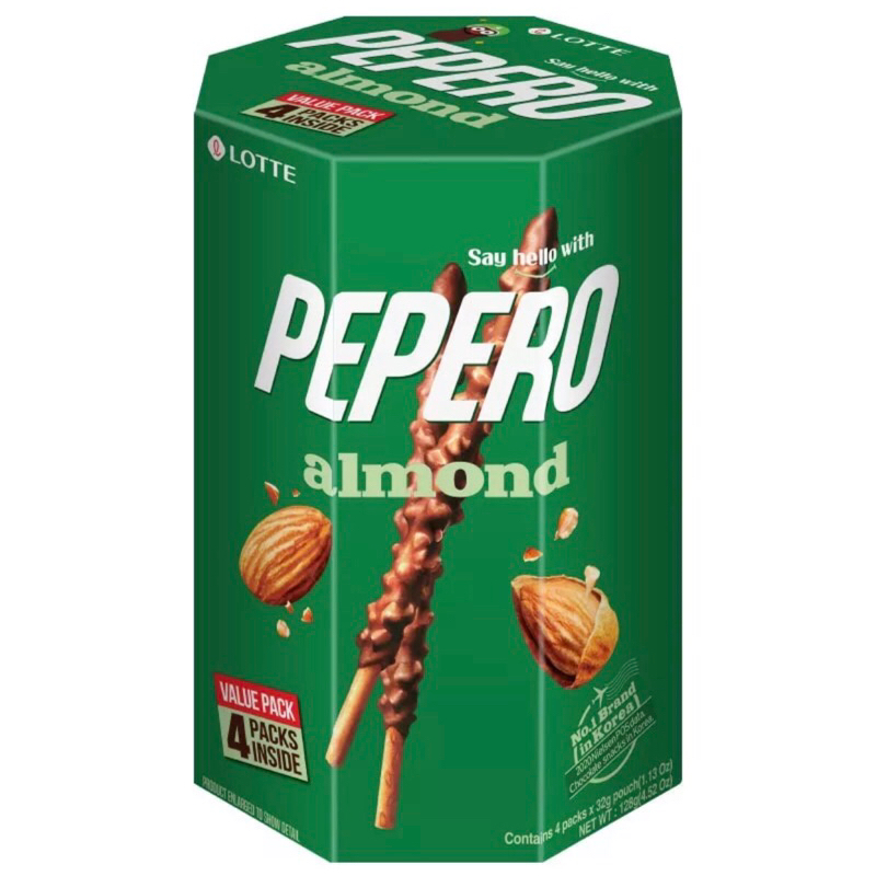 ล็อตเต้บิสกิตแท่งเคลือบช็อคโกแลตและอัลมอนด์แบบกล่อง ขนาด 128กรัม Lotte Almond Pepero 128g.