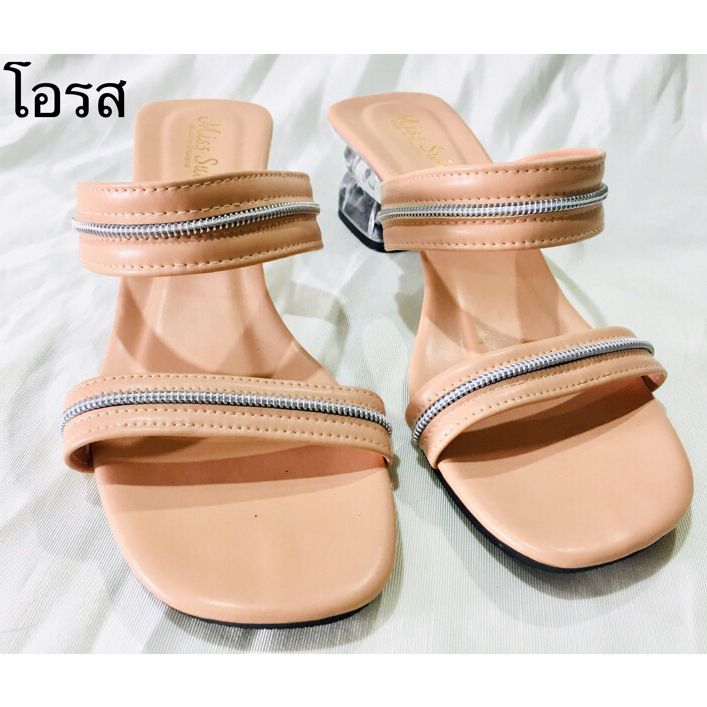 ถูกที่สุดแล้ว !! W 555 รองเท้าส้นสูง2นิ้ว ดีไซน์สวยสวม2ตอนคาดหน้าเส้นเงินเก๋ไก๋ใส่สบาย ส้นแก้ว