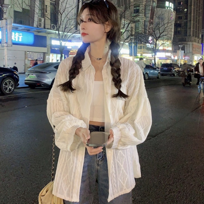 เสื้อเชิ้ตผ้าลูกไม้สีขาว WM2993 เสื้อแฟชั่นสาวอวบ อกใหญ่ แขนยาว สไตล์เกาหลีสวยๆ คลุมกันแดดกันลมได้ดี oversize ฟรีไซส์