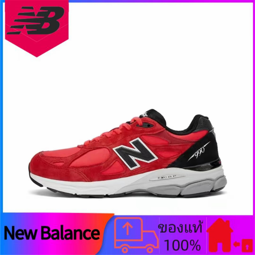 ของแท้ 100% New Balance NB 990 V3 รองเท้าวิ่งส้นเตี้ยทนต่อการสึกหรอทุกการแข่งขันสีแดง