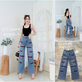 G.D.Jeans รุ่น  90505-1#กางเกงยีนส์ขายาวผ้าด้านทรงกระบอกเล็กเอวสูงปักลายแบบแฟชั่นเก๋ๆ