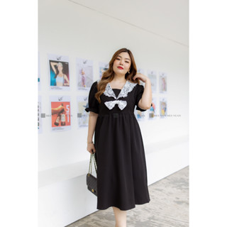 DR208 เดรสดำลูกไม้ขาวโบว์ เสื้อผ้าพลัสไซส์ Plussize fashion ชุดคนอ้วน แฟชั่นสาวอวบ