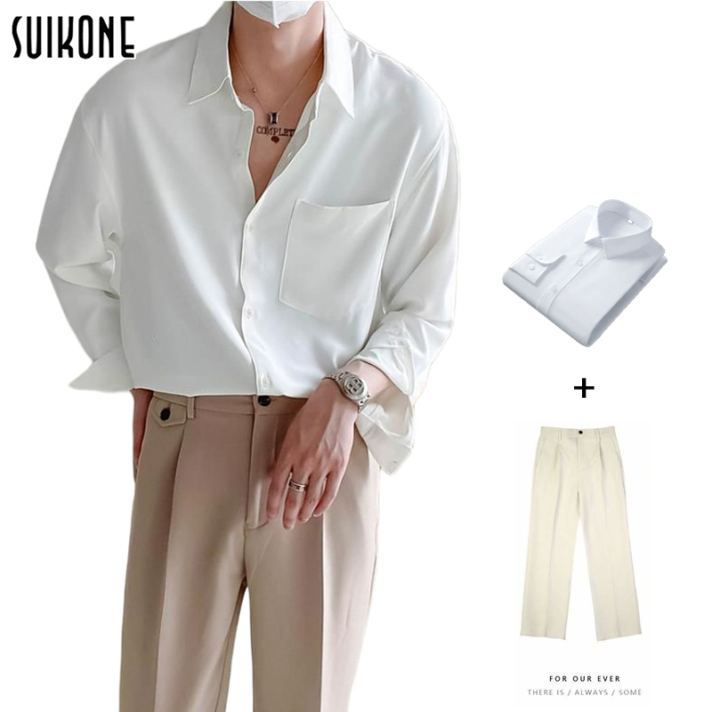 Suikone 【COD】 ฤดูใบไม้ร่วงใหม่เสื้อสไตล์เกาหลีหลวมสบายๆสีทึบเสื้อแขนยาวผู้ชายรีดฟรีสามารถสวมใส่ด้านนอกหรือด้านในเสื้อ