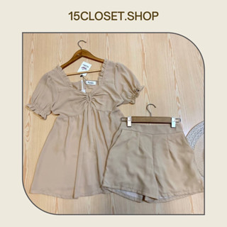 ชุดเซตเสื้อแขนตุ๊กตาจับจีบที่อก งานผ่าหน้า+กางเกงขาสั้น งานสีพื้น *งานป้าย*