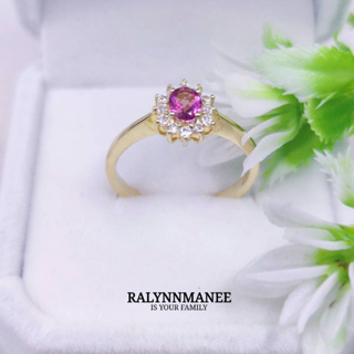 D6484 แหวนพลอยพิงค์โทพาซแท้ ( Pink topaz ) ตัวเรือนเงินแท้ 925 ชุบทอง ไซส์ 57 แก้ไซส์ฟรี