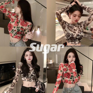 Sugar 🌈พร้อมส่ง🌈เสื้อซีทรู(ไม่ได้เสื้อด้านใน) แขนยาวคอกลม ลายดอก ครอปรัดรูป เซ็กซี่(8J-