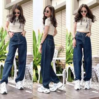 กางเกงยีนส์ทรงbaggy สีฟอกเข้ม ด้านหลังเอวสม็อค #bnt