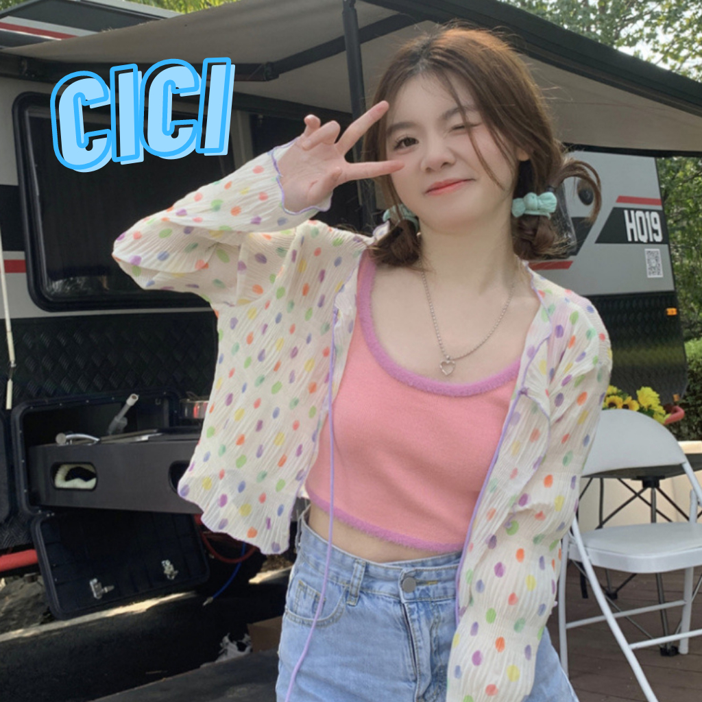 ส่งทันที Cici(NO. J651)เสื้อคลุมแขนยาวลายจุด ดีเทลมีเชือกผูกตรงคอ น่ารักมาก