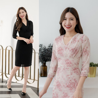 PD187 Chiffon Dress เดรสผ้าชีฟอง คอวี แขนสี่ส่วน กระโปรงเข้ารูปทรงสอบ