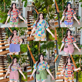 เสื้อผ้าสาวอวบอ้วน🩷Set2ชิ้น เสื้อเชิ้ตแขนสั้น+กางเกงขาสั้นเอวสม็อคหลัง กระดุมใช้งานได้จริง ลายผ้าสวยๆเลยค่ะ✨️