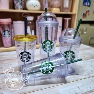 Starbucks แก้วพลาสติก2ชั้นแบบใสฝาโดม ,ฝาตรง โลโก้ไซเรนเขียว 12oz./16oz./20oz./24oz.