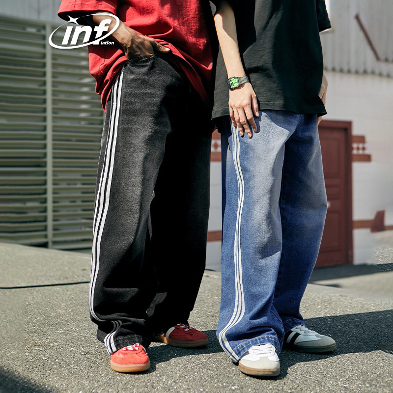 Spenzer.street | 3 stripe กางเกงยีนส์ทรงกระบอก เสื้อผ้าแฟชั่น สตรีท ยังโอม y2k เกาหลี ฮิต 2023 มาใหม่