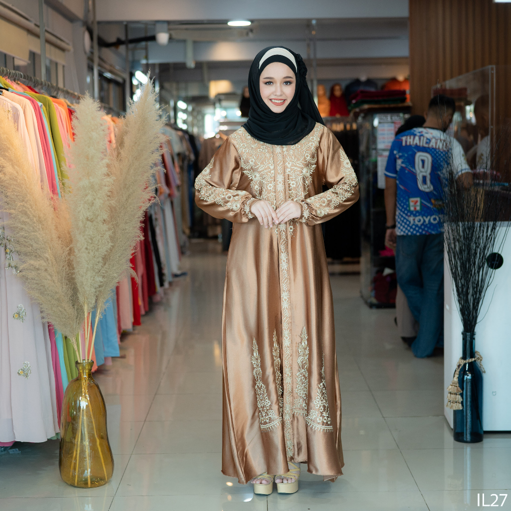 อาบาย่าปักทองเรียบหรู ชุดสาวอ้วนXXlเดรทออกงานอิสลาม ชุดรายอสวยๆ ผ้าคริสตัล สไตล์สาวมุสลิมอาหรับดูไบ IL27 วาริสมุสลิม