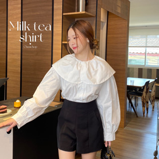 chuuchop_พร้อมส่ง(C8155)🥛🍶🫖Milk tea shirt เสื้อเชิ้ตแขนยาวคอบัวสีขาว สไตล์เกาหลี