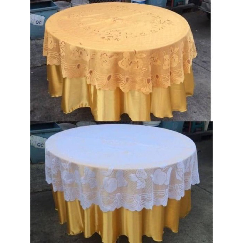 ผ้าคลุมโต๊ะกลม สีทอง +ลูกไม้แพ็ค 10ชุด (กดเลือกสีลูกไม้) ชุดละ2890บาท