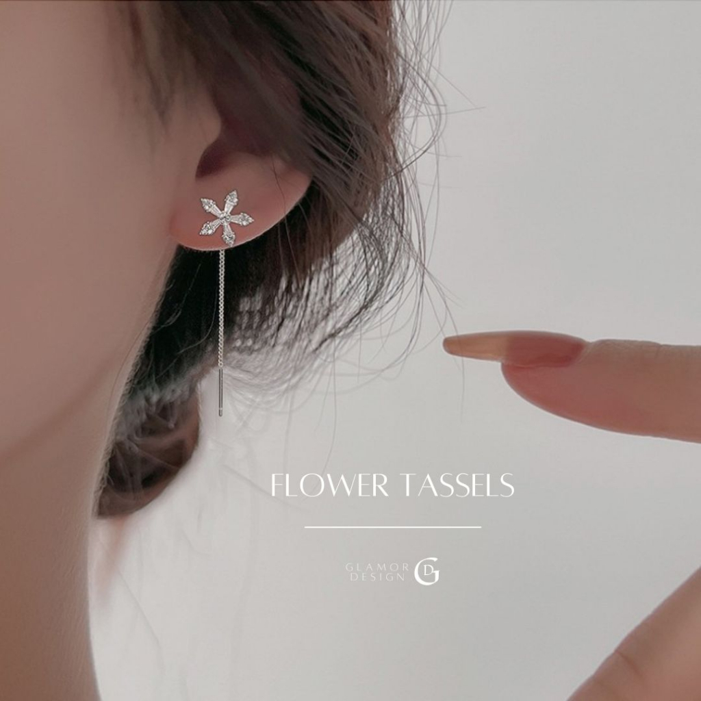 GLAMOR✨ต่างหูเงินแท้ Flower Tassels ต่างหูเพชร ต่างหูแฟชั่น ตุ้มหูเงินแท้ ต่างหูเกาหลี ตุ้มหูเพชร