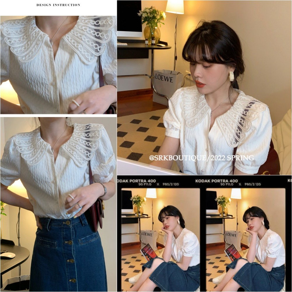 MCB2919 เสื้อแขนสั้น คอสี่วี แขนพอง แต่งปกสวยๆ สไตล์เกาหลี สําหรับผู้หญิง free size สีขาว แบบติดกระด