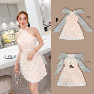 Code : M8 LABELLE Dress เดรสสั้น ลูกไม้3D แต่งขนนกทั้งชุด แต่งโบว์ด้านหลัง สีโอรส ไซส์ S-XL