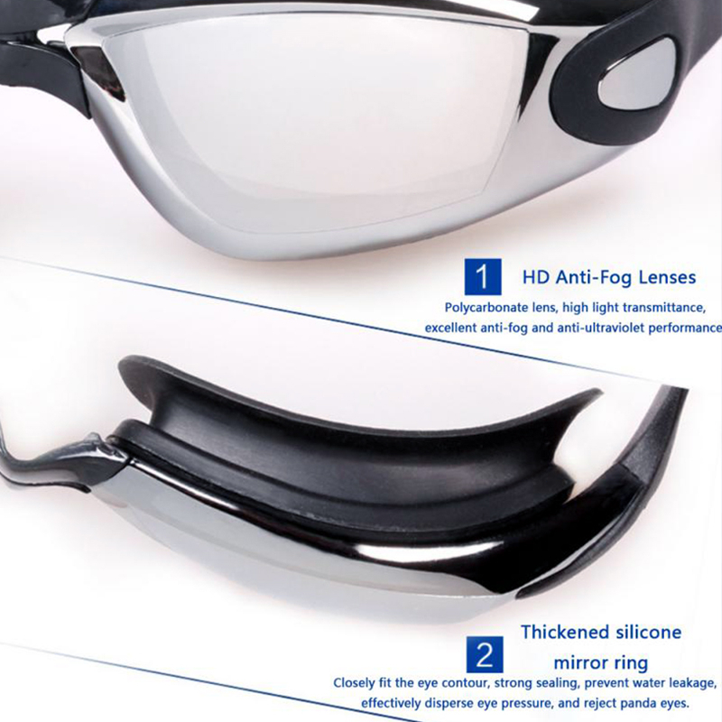 แว่นตาว่ายน้ำ HD แว่นตาว่ายน้ำแบบใหม่ กันหมอกกรอบใหญ่ชุบไฟฟ้า เลนกันไอน้ำHD4เท่า แถมที่อุดหู ใช้ได้ชายและหญิง - รูปที่ 2