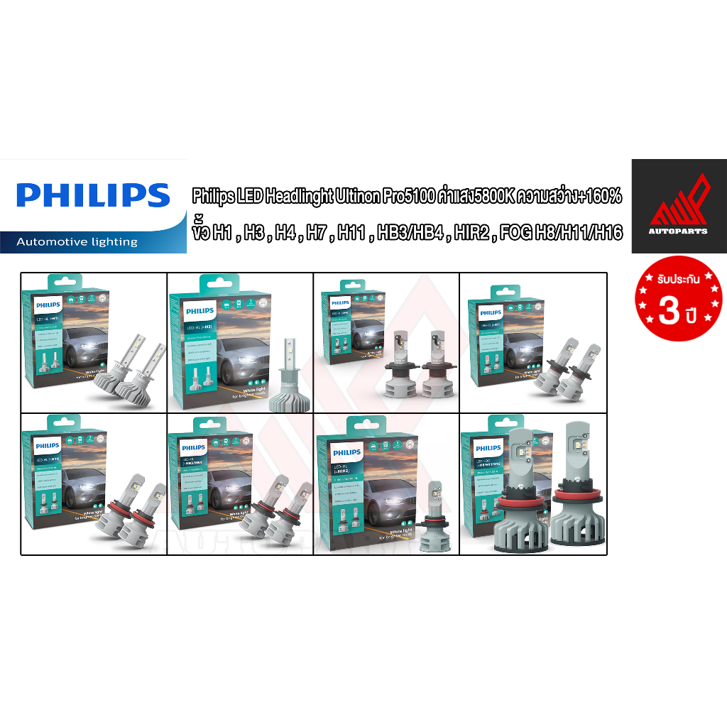 Philips LED Headlinght Ultinon Pro5100 ค่าแสง5800K ความสว่าง+160% ขั้ว H1 H3 H4 H7 H11 HB3/HB4 HIR2 FOG H8/H11/H16