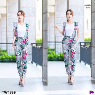 CS4889 Set2 ชิ้น เสื้อยืดคอกลม+เอี้ยมกางเกงลายดอก Set 2 pieces, round neck t-shirt + floral bib pants