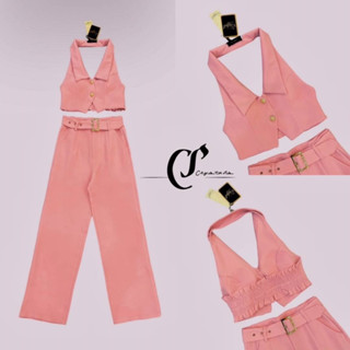 Crystals 30129 Set3ชิ้น สีชมพูหวานมากค้าาา เสื้อครอปสั้น คอปก แขนกุด เสริมฟองน้ำ  ติดกระดุมหน้า2เม็ด