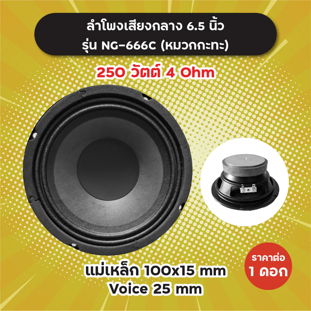 ลำโพงเสียงกลาง 6.5 นิ้ว รุ่น NG-666C หมวกกะทะ (1 ดอก/1 คู่) 250W 4 Ohm แม่เหล็ก 100x15 มิล วอยซ์ 25 