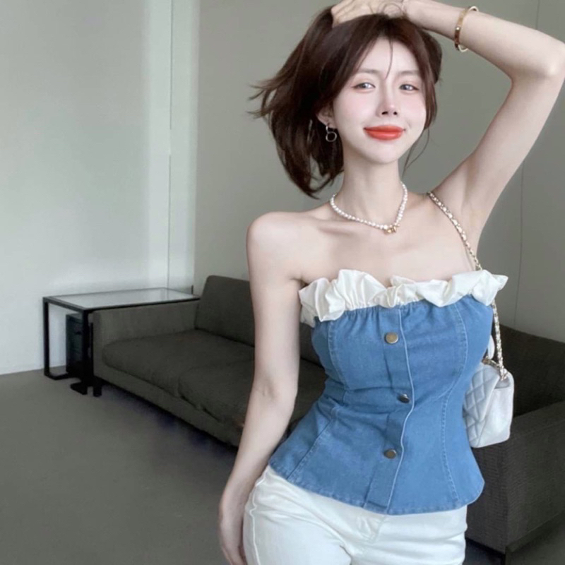 BY IRA Whippingcream Denim tube top  (23105) เกาะอกยีนส์แบบบางสม็อคหลัง เข้ากับทุกการแต่งกาย แฟชั่นฤดูร้อน สไตล์ใหม่ - รูปที่ 4