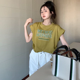 KSAพร้อมส่ง เสื้อครอปสาวอวบน่ารักๆ ท็อป oversize T-shirt เสื้อผ้าผู้หญิงสไตล์เกาหลี เสื้อยืดเอวลอยแขนสั้นแฟชั่น สกรีนลาย
