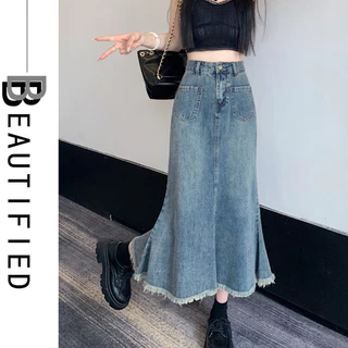 Beautified กระโปรงยีนส์ยาว หางปลา ไม่ผ่า กุลสตรี V27