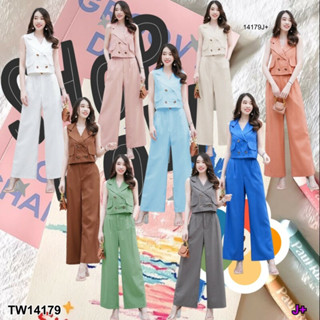 B14179 Set 2 ชิ้น เสื้อครอปแขนกุด + กางเกงขายาวเอวจีบ 2-piece set: sleeveless crop top + pleated trousers