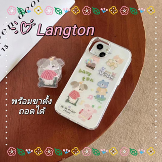 🌈Langton🌸ขาตั้ง ถอดได้ ป้องกันการหล่น ขอบเต็ม iphone 11 14 pro max ลูกสุนัข การ์ตูน สีขาว case for iPhone 12 13