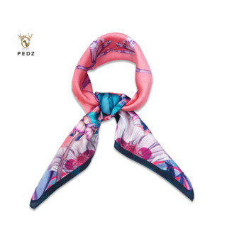 PEDZ ผ้าพันคอไหมซาตินพรีเมี่ยมพิมพ์ลายดอกสาละสีส้ม Orange Shala Flower in Secret Garden Silk Satin Premium Scarf