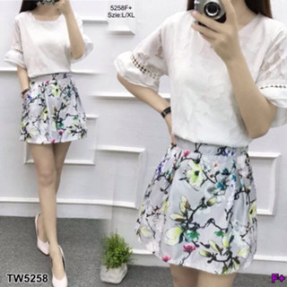 CS5258 Set 2 ชิ้น เสื้อคอกลมแขนระฆัง +กระโปรงลายดอก แฟชั่นเกาหลี Set 2 pieces. Round neck top with bell sleeves. + Flowe