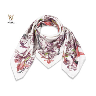 PEDZ ผ้าพันคอไหมซาตินพรีเมี่นมพิมพ์ลายสวนแห่งความลับสีขาว White Secret Garden Silk Satin Premium Scarf