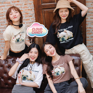 Cloudcandy เสื้อครอป เอวลอย CROP Oversize แขนสั้น คอกลม ผ้าคอตตอน สกรีนลาย BULLDOG 2🐶