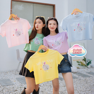 Cloudcandy เสื้อครอป เอวลอย เสื้อยืดสกรีน ลายกระต่าย CROP Oversize แขนสั้น คอกลม ผ้าคอตตอน สกรีนลาย BUNNY🐰