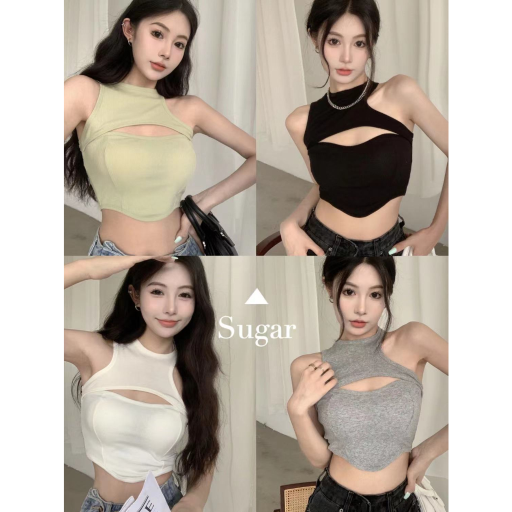 Sugar 🌈พร้อมส่ง🌈เสื้อแขนกุด เสื้อครอบ คอกลมเว้าหน้า ผ้าไหมพรม(13097)