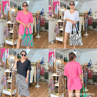 *5-250TS เสื้อยืดคอวีเสริมบ่าเชือกผูกเอว "เสื้อเข้าใหม่ เอาใจสายเกา" เสื้อผูกเอว ดีเทลเสริมบ่าสุดปัง น้องน่ารักมากกก