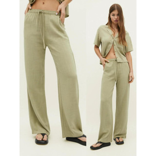 Stradivarius LOOSE-FITTING LINEN BLEND TROUSERS  กางเกงลินินเอวสูง ทรงขากว้าง ขอบเอวยางยืดเชือกรูดได้จริง