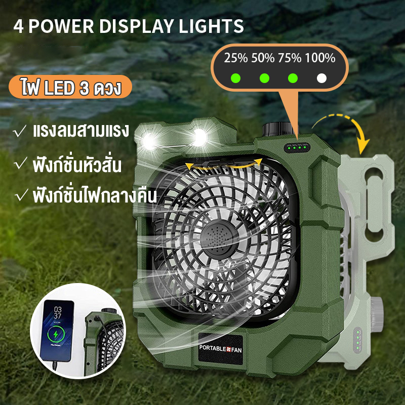 พัดลมตั้งแคมป์ พัดลมพกพา พัดลมไฟ LED ใช้เป็นพาวเวอร์แบงค์ได้ พัดลมปรับความแรงได้ ขนาด 6นิ้ว