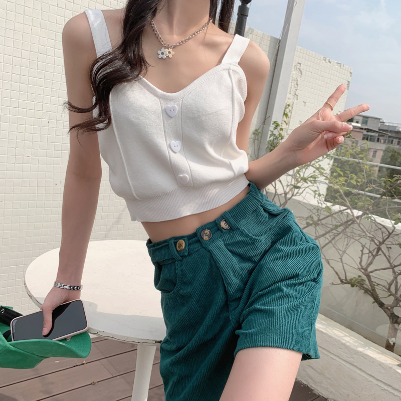 C15 เสื้อสายเดี่ยวไหมพรม สายเดี่ยวกระดุมรูปหัวใจ