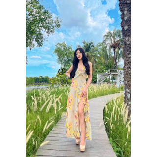 เดรสยาวคอวีแต่งระบาย เดรสสายเดี่ยวไขว้สวยเก๋