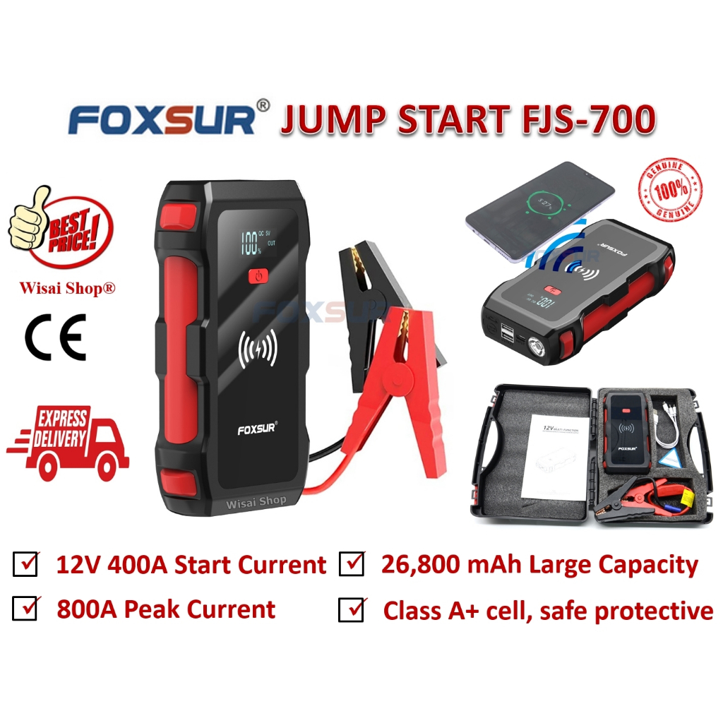 Foxsur จั๊มสตาร์ท Jump Start 12V 400/800A 26800mAh  พร้อม Power Bank 2 USBs ไฟ LED และ Wireless Char