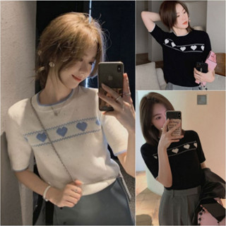 LK66052 ✨ใหม่พร้อมส่ง✨(free size) # เสื้อครอปแฟชั่น​แขนสั้น ลายหัวใจ คอกลมน่ารักสไตล์ญี่ปุ่น สีขาว/ดำ ผ้านิ่มใส่สวย